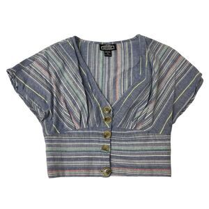 Angie Boho Rayon Multicolor Striped Button-up V-Neck Crop Top Blouse SZ S